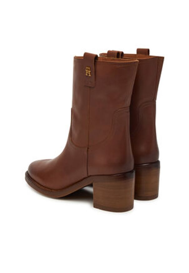 TOMMY HILFIGER - Tommy Hilfiger Botki Riding Lthr Mid Boot Block Heel FW0FW08776 Brązowy. Kolor: brązowy. Materiał: skóra