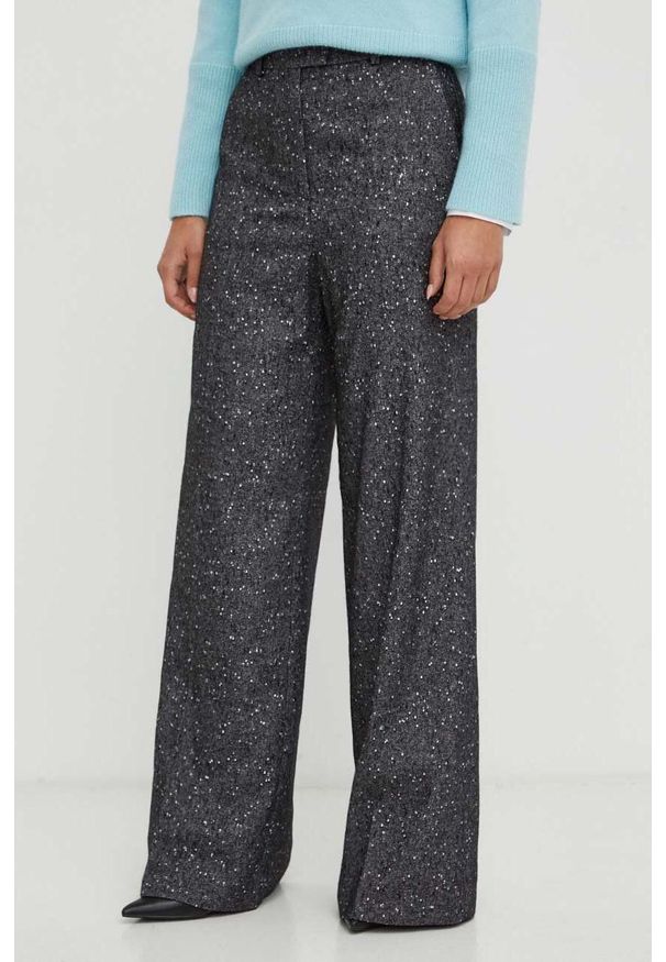 BOSS spodnie z domieszką wełny kolor czarny szerokie high waist. Stan: podwyższony. Kolor: czarny. Materiał: wełna