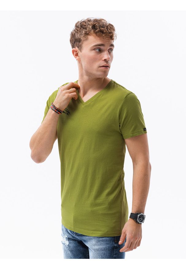 Ombre Clothing - T-shirt męski bawełniany basic S1369 - oliwkowy - XXL. Kolor: oliwkowy. Materiał: bawełna. Styl: klasyczny