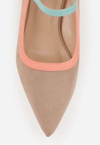 Renee - Ciemnobeżowe Czółenka na Słupku z Metaliczną Wstawką i Paskiem Linnelea. Okazja: do pracy. Zapięcie: pasek. Kolor: beżowy. Obcas: na słupku. Styl: elegancki, wizytowy #8