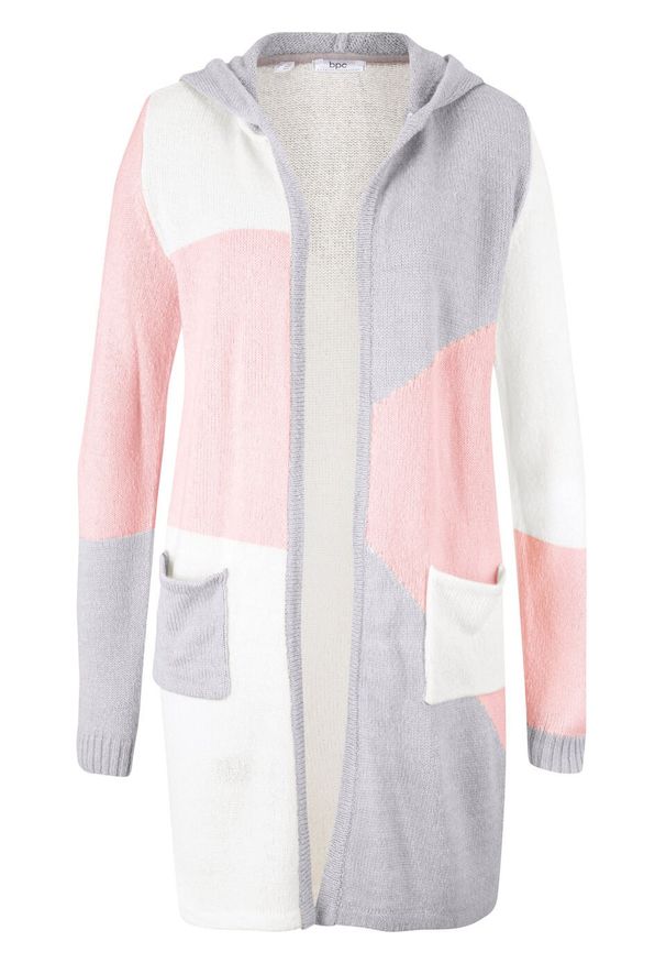 Sweter bez zapięcia z kapturem bonprix pastelowy jasnoróżowy - jasnoszary melanż - biel wełny. Typ kołnierza: kaptur. Kolor: różowy. Materiał: wełna. Wzór: melanż