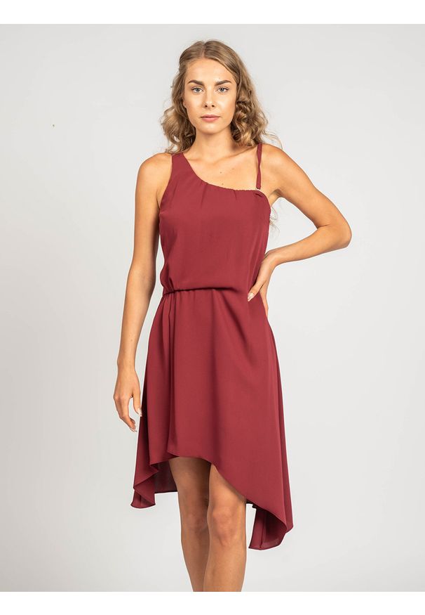 Patrizia Pepe Sukienka | 2A1731 | Kobieta | Bordowy. Okazja: na co dzień. Kolor: czerwony. Materiał: poliester. Długość rękawa: na ramiączkach. Wzór: aplikacja. Typ sukienki: asymetryczne, proste. Styl: casual. Długość: mini