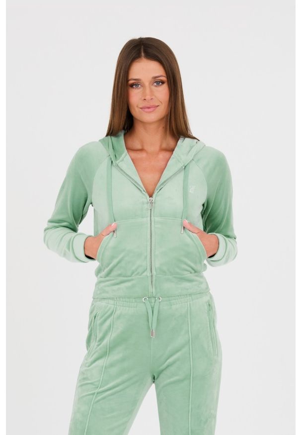 Juicy Couture - JUICY COUTURE Seledynowa damska bluza Madison, Rozmiar M. Typ kołnierza: kaptur. Kolor: niebieski