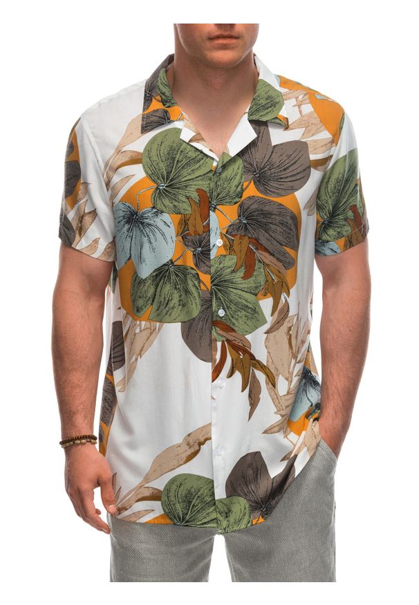 Ombre Clothing - Wiskozowa wzorzysta męska koszula z krótkim rękawem OM-SHPS-0113 - biała/kremowa - Rozmiar: XXL. Okazja: na co dzień. Kolor: biały. Materiał: wiskoza. Długość rękawa: krótki rękaw. Długość: krótkie. Wzór: gładki, kolorowy. Styl: klasyczny, wakacyjny, casual
