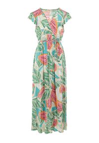 Born2be - Zielona Sukienka Donky. Typ kołnierza: kołnierz z falbankami. Kolor: zielony. Materiał: materiał. Długość rękawa: bez rękawów. Wzór: nadruk. Typ sukienki: kopertowe. Długość: maxi #2