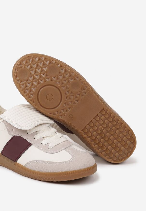 Born2be - Beżowo-Bordowe Sneakersy na Płaskiej Podeszwie z Wywiniętym Językiem Felilora. Okazja: na co dzień. Kolor: beżowy. Materiał: jeans. Obcas: na płaskiej podeszwie