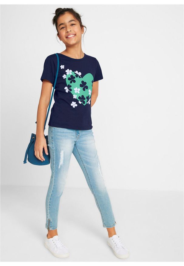 bonprix - T-shirt dziewczęcy (2 szt.), bawełna organiczna. Kolor: biały. Materiał: bawełna. Wzór: kwiaty, nadruk