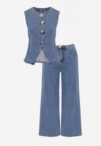 Renee - Niebieski Jeansowy Komplet z Bawełny Wide Leg Jeans i Kamizelka na Guziki Noena. Kolor: niebieski. Materiał: bawełna, jeans #7