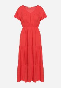 Born2be - Czerwona Sukienka z Wiskozy o Rozkloszowanym Kroju Folky. Okazja: na co dzień. Typ kołnierza: dekolt w kształcie V. Kolor: czerwony. Materiał: wiskoza. Styl: casual, elegancki #3