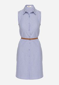 Born2be - Granatowa Koszulowa Sukienka Bez Rękawów z Bawełny z Paskiem z Klamrą Mepea. Okazja: na co dzień. Kolor: niebieski. Materiał: bawełna. Długość rękawa: bez rękawów. Typ sukienki: koszulowe. Styl: klasyczny, casual, elegancki #6