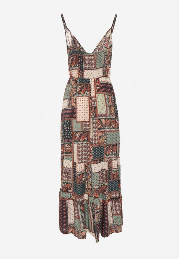 Born2be - Zielona Sukienka Kopertowa z Wiskozy w Patchworkowy Wzór Hickey. Kolor: zielony. Materiał: wiskoza. Długość rękawa: na ramiączkach. Wzór: aplikacja. Typ sukienki: kopertowe. Styl: boho. Długość: maxi