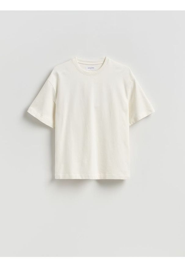 Reserved - Bawełniany t-shirt boxy - złamana biel. Materiał: bawełna