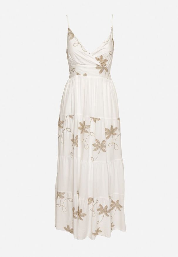 Born2be - Biała Sukienka Wiskozowa na Ramiączkach Ozdobiona Haftem Telanelis. Typ kołnierza: dekolt w kształcie V. Kolor: biały. Materiał: wiskoza. Długość rękawa: na ramiączkach. Wzór: aplikacja, haft