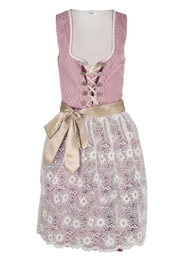 Sukienka w ludowym stylu z koronkowym fartuchem bonprix matowy jeżynowy wzorzysty. Kolor: różowy. Materiał: koronka