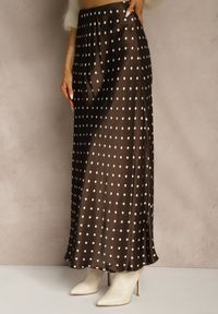 Renee - Brązowa Satynowa Spódnica z Wiskozy w Groszki o Rozkloszowanym Kroju Fediska. Kolor: brązowy. Materiał: satyna, wiskoza. Wzór: grochy. Styl: elegancki #4