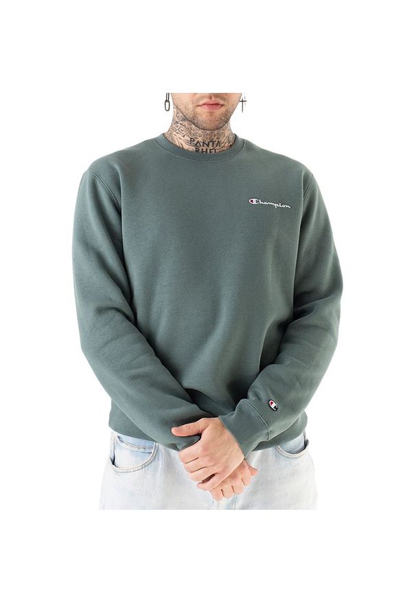 Bluza Champion Crewneck 219209-GS510 - zielona. Typ kołnierza: bez kaptura. Kolor: zielony. Materiał: bawełna, tkanina, poliester. Wzór: napisy