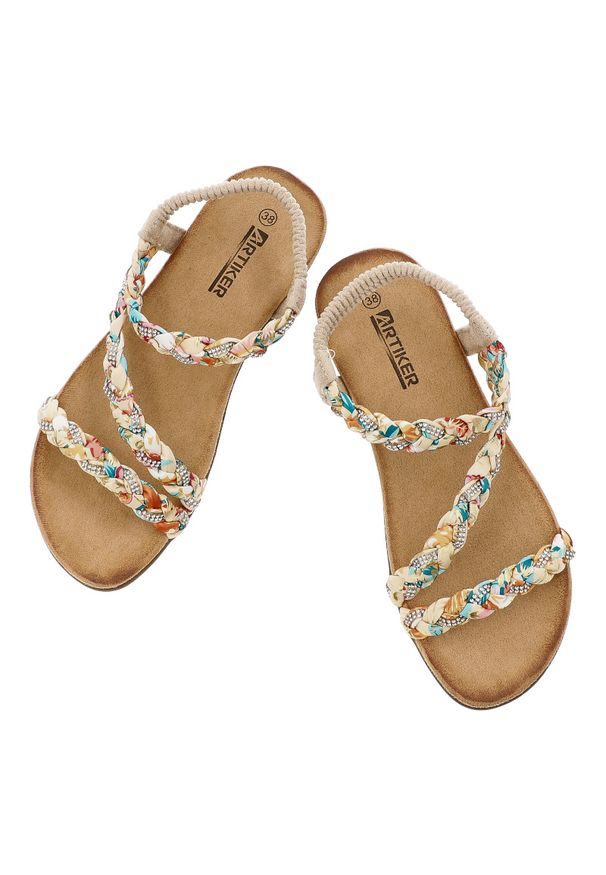 Sandały damskie Artiker, z miękkimi wkładkami materiałowe wsuwane płaskie, beżowe, 56C1271. Okazja: na plażę, na spacer. Zapięcie: bez zapięcia. Kolor: beżowy. Materiał: materiał. Wzór: kolorowy, kwiaty, paski. Sezon: lato. Styl: wakacyjny