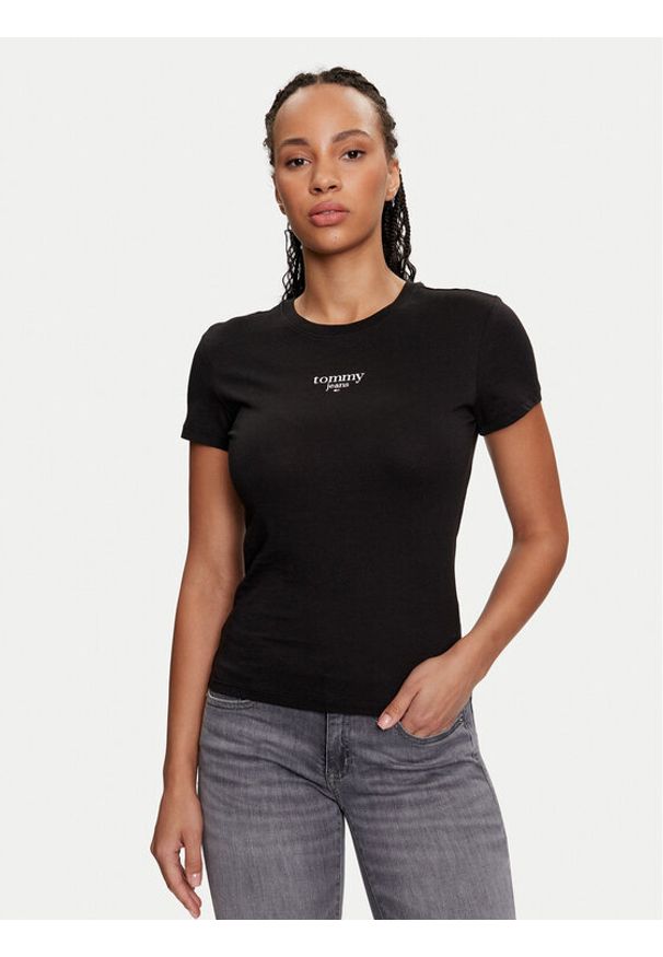 Tommy Jeans T-Shirt Essential DW0DW18397 Czarny Slim Fit. Kolor: czarny. Materiał: wiskoza