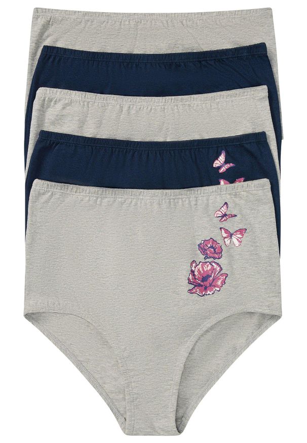 bonprix - Figi z wysoką talią, z bawełną (5 par). Kolor: szary. Materiał: bawełna. Wzór: gładki, nadruk, kwiaty