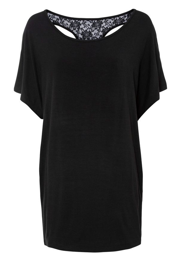 Shirt "nietoperz" z koronką bonprix czarny. Kolor: czarny. Materiał: koronka. Wzór: koronka