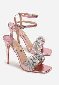 Renee - Różowe Sandały na Wysokiej Szpilce z Kwadratowym Noskiem i Cyrkoniami Veisra. Kolor: różowy