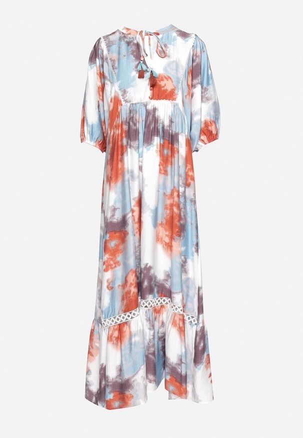 Born2be - Beżowa Rozkloszowana z Wiązaniem Przy Dekolcie i Ozdobnymi Guzikami Sukienka Attella. Okazja: na co dzień, na imprezę. Kolekcja: plus size. Kolor: różowy. Materiał: koronka. Długość rękawa: krótki rękaw. Typ sukienki: dla puszystych, rozkloszowane. Styl: elegancki, casual