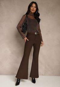 Renee - Brązowe Wiskozowe Spodnie Dzwony z Bawełną High Waist z Paskiem Lidassa. Okazja: na co dzień. Stan: podwyższony. Kolor: brązowy. Materiał: bawełna, wiskoza. Styl: casual, retro, glamour, elegancki #1
