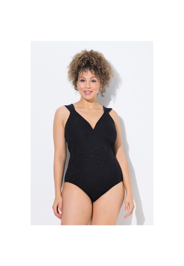 ULLA POPKEN - Damski Strój kąpielowy wiązanie tygrysia struktura miękkie miseczki. Kolekcja: plus size. Kolor: czarny. Materiał: poliamid, poliester, materiał, elastan