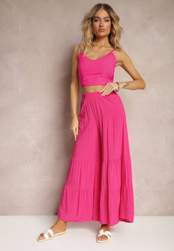 Renee - Ciemnoróżowe Spodnie z Szerokimi Nogawkami Palazzo z Falbankami i Gumką w Pasie Dimlin. Okazja: do pracy, na spotkanie biznesowe. Kolor: różowy. Materiał: materiał. Wzór: aplikacja. Styl: elegancki, biznesowy