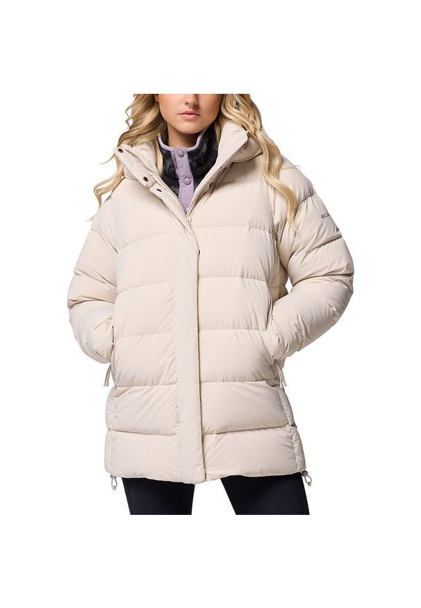 columbia - Kurtka damska Columbia Amaze Puff Mid 2133703278 - beżowe. Kolor: beżowy. Materiał: elastan, włókno, puch, materiał, nylon. Wzór: paski. Sezon: zima