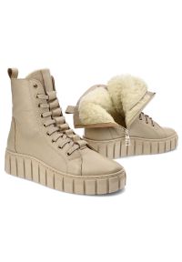 CheBello - Beżowe Botki Chebello Ocieplane Skórzane Buty Damskie. Okazja: na spacer, na co dzień. Kolor: beżowy. Materiał: skóra. Styl: casual, sportowy