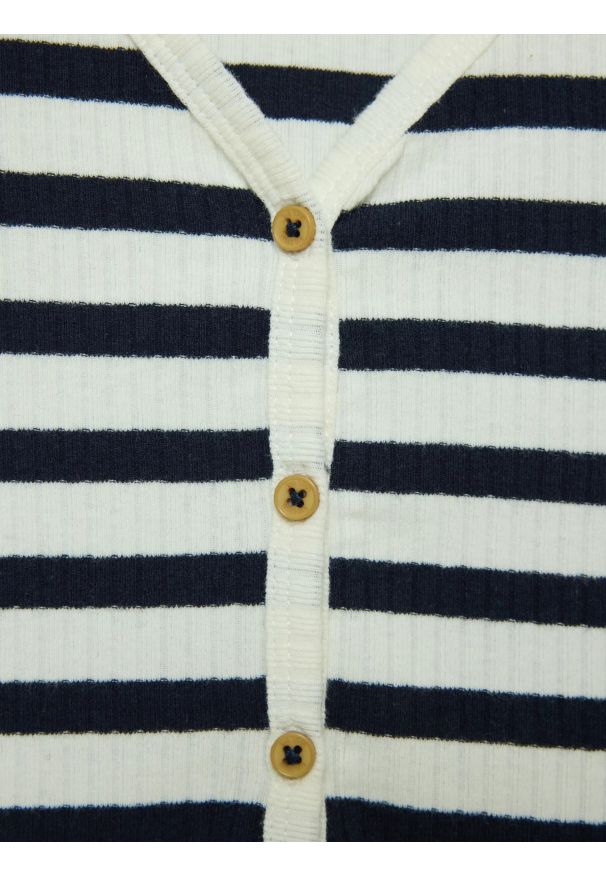 Big-Star - Bluzka damska z dekolotem v-neck w paski granatowa Mella 403. Kolor: niebieski. Materiał: tkanina, prążkowany. Wzór: paski