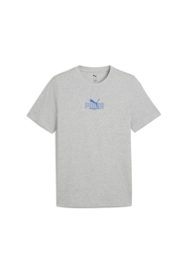 Puma - Męska koszulka z grafiką i napisem PUMA PUMA. Kolor: czarny, szary, wielokolorowy. Wzór: napisy. Sport: bieganie