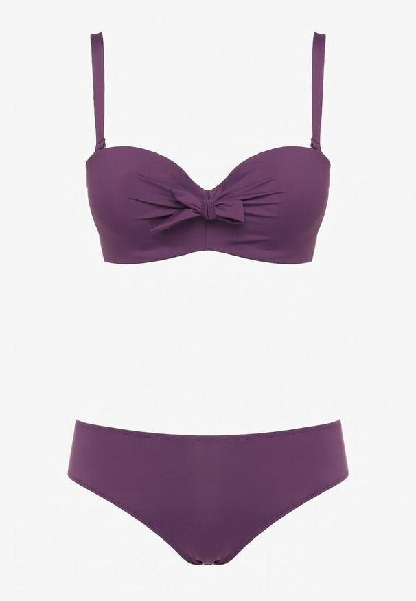 Born2be - Ciemnofioletowe Bikini Strój Kąpielowy Dwuczęściowy Biustonosz z Supełkiem i Figi Carinela. Kolor: fioletowy. Wzór: aplikacja