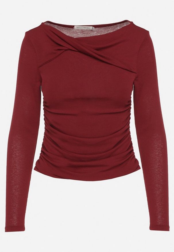 Born2be - Bordowa Marszczona Bluzka z Długim Rękawem i Detalem przy Dekolcie Estellana. Okazja: na co dzień. Kolor: czerwony. Materiał: skóra, jeans. Długość rękawa: długi rękaw. Długość: długie. Styl: casual, klasyczny