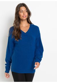 bonprix - Sweter dzianinowy oversize. Kolor: niebieski. Materiał: dzianina. Wzór: prążki