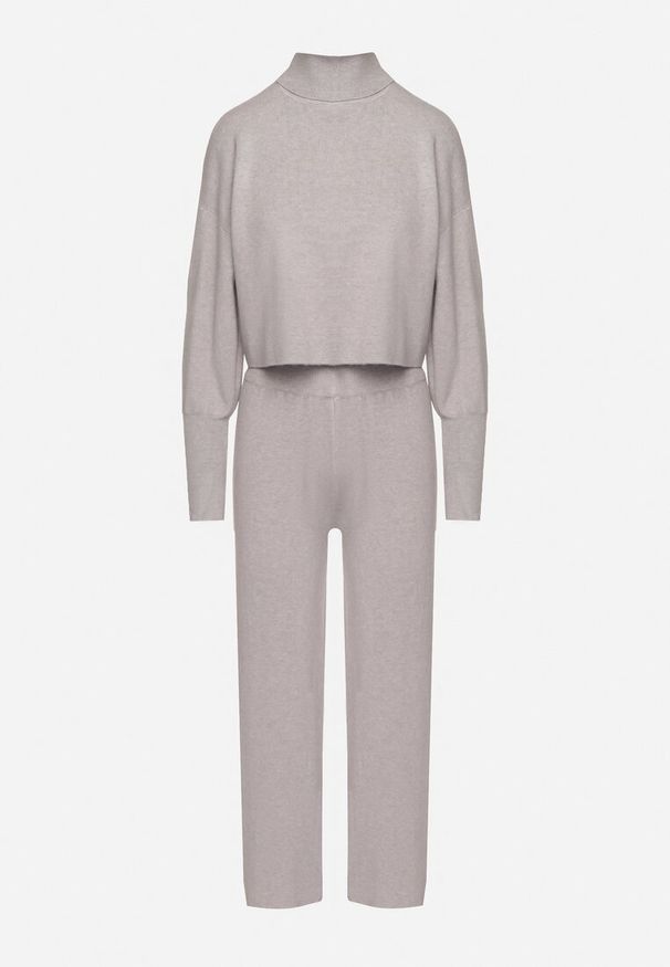 Born2be - Szary Komplet Dzianinowy z Wiskozą Bluza Golf ze Ściągaczami i Szerokie Spodnie Noridra. Kolor: szary. Materiał: wiskoza, dzianina