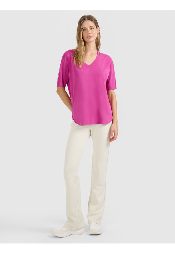 4f - 4F T-shirt oversize z modalem damski - różowy XL. Okazja: na co dzień. Kolor: różowy. Styl: casual