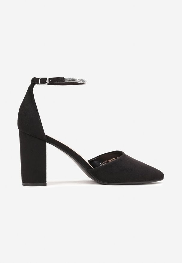 Renee - Czarne Czółenka na Słupku z Imitacji Zamszu z Cyrkoniami Demala. Kolor: czarny. Materiał: zamsz. Obcas: na słupku. Styl: elegancki, wizytowy