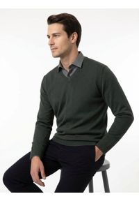 Męski, Bawełniany Sweter w Serek (V-neck) - Adriano Guinari - Ciemna Zieleń. Okazja: na co dzień, na spotkanie biznesowe, do pracy. Typ kołnierza: dekolt w serek. Materiał: bawełna. Styl: casual, biznesowy, elegancki, klasyczny #2