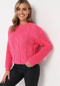 Born2be - Fuksjowy Klasyczny Sweter z Modnym Splotem Viloma. Kolor: różowy. Wzór: ze splotem. Styl: klasyczny #3