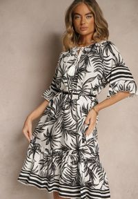 Renee - Biała Pudełkowa Sukienka Zdobiona Roślinnym Printem i Wiązaniem przy Dekolcie Miranissa. Okazja: na co dzień. Kolor: biały. Materiał: materiał, bawełna. Wzór: aplikacja, nadruk. Typ sukienki: proste. Styl: casual, elegancki #4