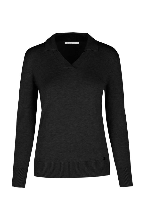Volcano - Sweter z kołnierzykiem S-TOYO. Okazja: na spotkanie biznesowe, na co dzień. Typ kołnierza: dekolt w serek. Kolor: czarny. Materiał: jeans, prążkowany, dzianina. Wzór: gładki. Styl: biznesowy, casual, elegancki