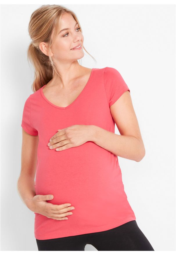bonprix - Shirt ciążowy basic (2 szt.), bawełna organiczna. Typ kołnierza: dekolt w serek. Kolekcja: moda ciążowa. Kolor: różowy. Materiał: bawełna. Wzór: gładki