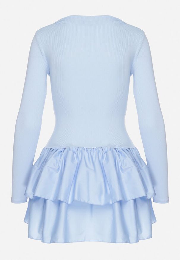 Born2be - Niebieska Rozkloszowana Sukienka z Długim Rękawem i Falbanką Reonaria. Okazja: na co dzień. Kolor: niebieski. Długość rękawa: długi rękaw. Styl: casual, elegancki