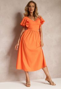 Renee - Pomarańczowa Taliowana Sukienka Maxi z Falbanami Giftis. Kolor: pomarańczowy. Wzór: aplikacja. Długość: maxi