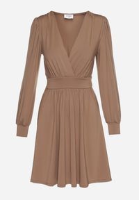 Born2be - Brązowa Sukienka Kopertowa Taliowana Maecenus. Okazja: na co dzień. Typ kołnierza: dekolt w serek. Kolor: brązowy. Materiał: wiskoza. Typ sukienki: kopertowe. Styl: casual, elegancki #3