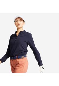 INESIS - Koszulka do golfa polo z długim rękawem damska MW500. Typ kołnierza: polo, golf. Kolor: niebieski. Materiał: elastan, bawełna, materiał. Długość rękawa: długi rękaw. Długość: długie