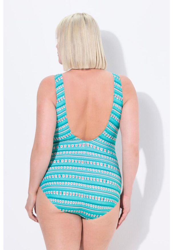 ULLA POPKEN - Damskie Strój kąpielowy paski miękkie miseczki ozdobne tasiemki. Kolekcja: plus size. Kolor: niebieski. Materiał: poliamid, poliester, materiał, elastan. Wzór: paski