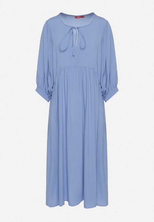 Born2be - Niebieska Rozkloszowana Sukienka z Wiskozy z Wiązaniem przy Dekolcie Tilania. Okazja: na co dzień. Kolor: niebieski. Materiał: wiskoza. Styl: casual
